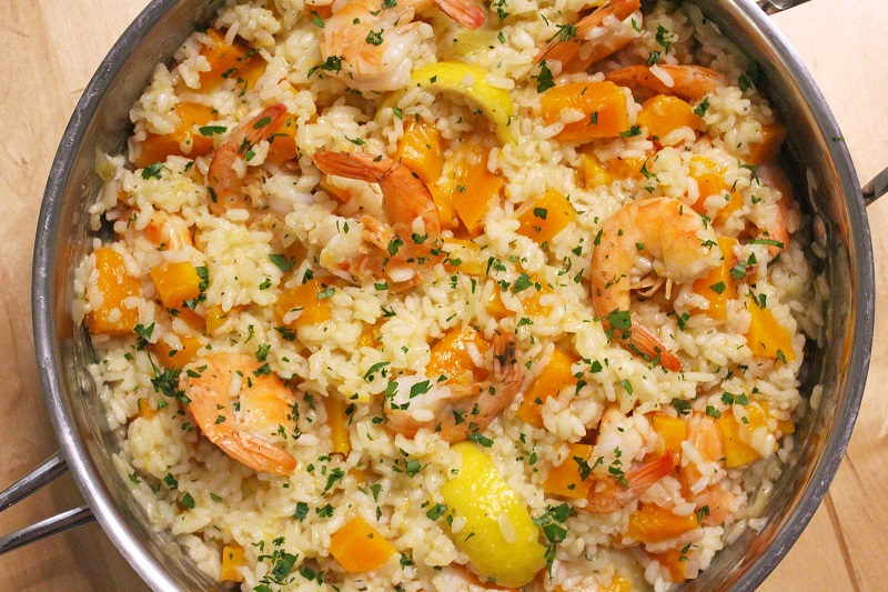 Butternut-risotto met scampi